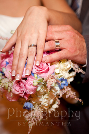 Bride and groom hands with rings and flowers